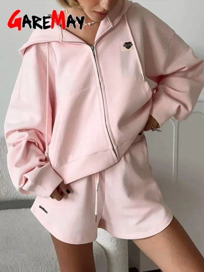 Two-Piece Casual Tracksuit for Women, Oversize Cotton Pink Top and Shorts Set, Spring Women's Summer Suit with Shorts