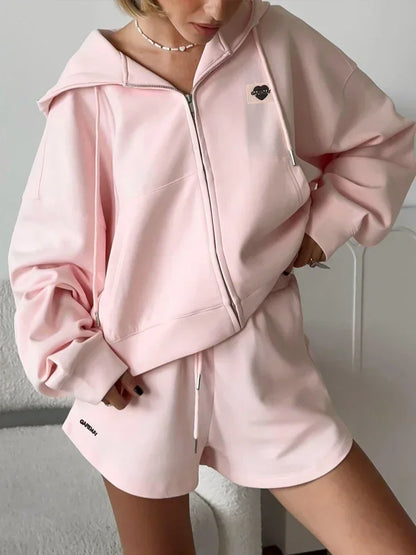 Two-Piece Casual Tracksuit for Women, Oversize Cotton Pink Top and Shorts Set, Spring Women's Summer Suit with Shorts