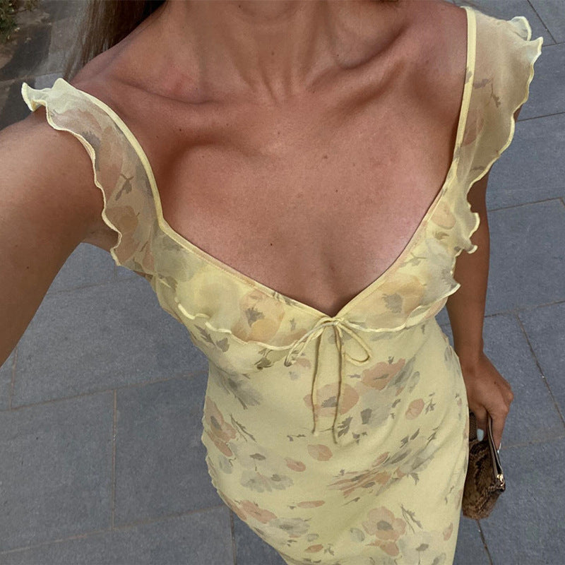 Sexy Backless Cryptographic Summer Floral Maxi Dress, Plunge Neck Fairy Sun Dresses Vacation Outfits Beachwear Vestido
