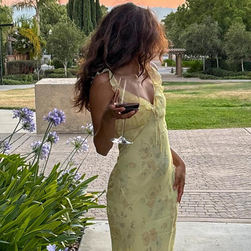 Sexy Backless Cryptographic Summer Floral Maxi Dress, Plunge Neck Fairy Sun Dresses Vacation Outfits Beachwear Vestido