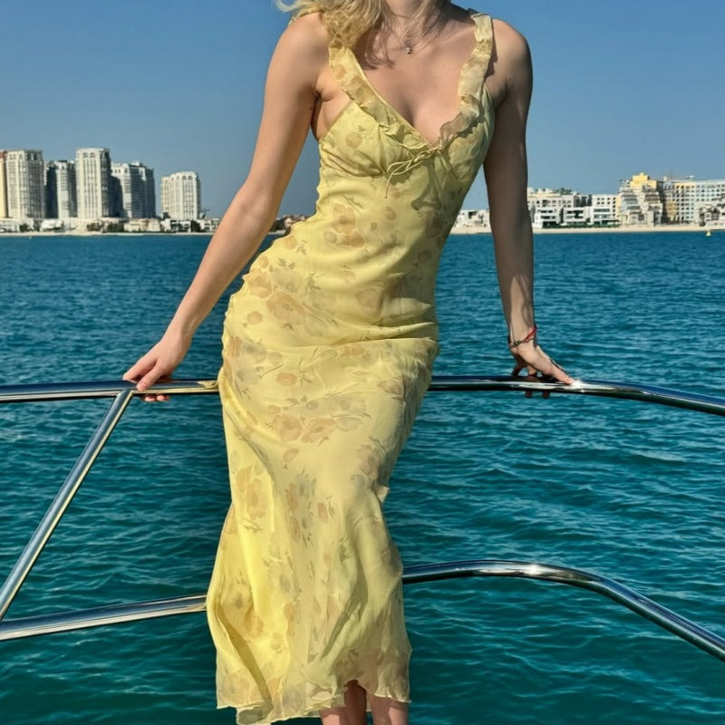 Sexy Backless Cryptographic Summer Floral Maxi Dress, Plunge Neck Fairy Sun Dresses Vacation Outfits Beachwear Vestido