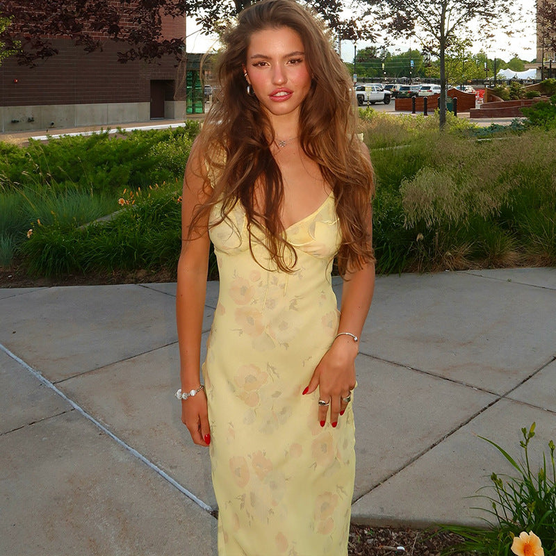 Sexy Backless Cryptographic Summer Floral Maxi Dress, Plunge Neck Fairy Sun Dresses Vacation Outfits Beachwear Vestido