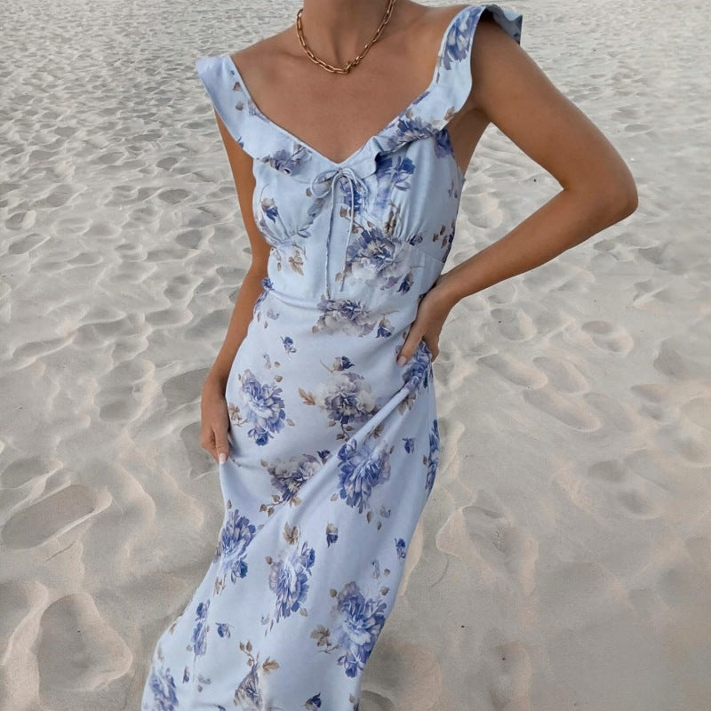 Sexy Backless Cryptographic Summer Floral Maxi Dress, Plunge Neck Fairy Sun Dresses Vacation Outfits Beachwear Vestido