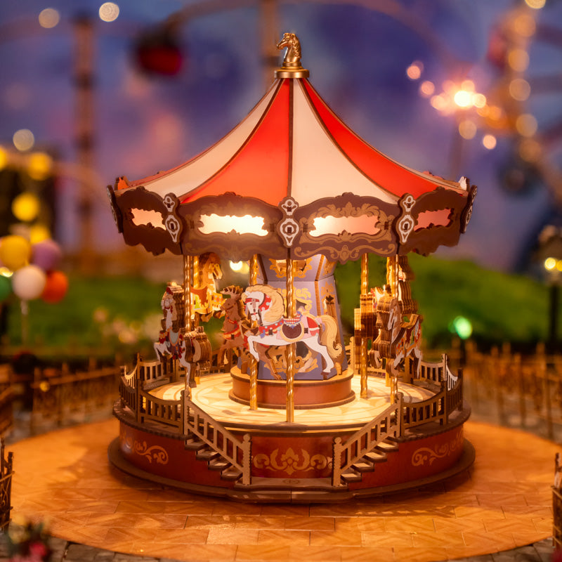 Easy Assemble Classic Carousel Music Box, 3D Wooden Puzzle Moveable Design with Light, Xmas Gifts for Family