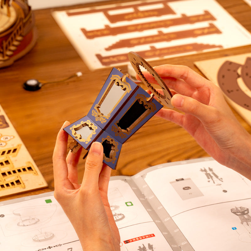 Easy Assemble Classic Carousel Music Box, 3D Wooden Puzzle Moveable Design with Light, Xmas Gifts for Family