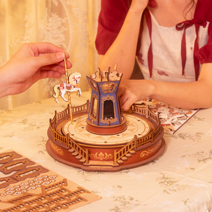 Easy Assemble Classic Carousel Music Box, 3D Wooden Puzzle Moveable Design with Light, Xmas Gifts for Family