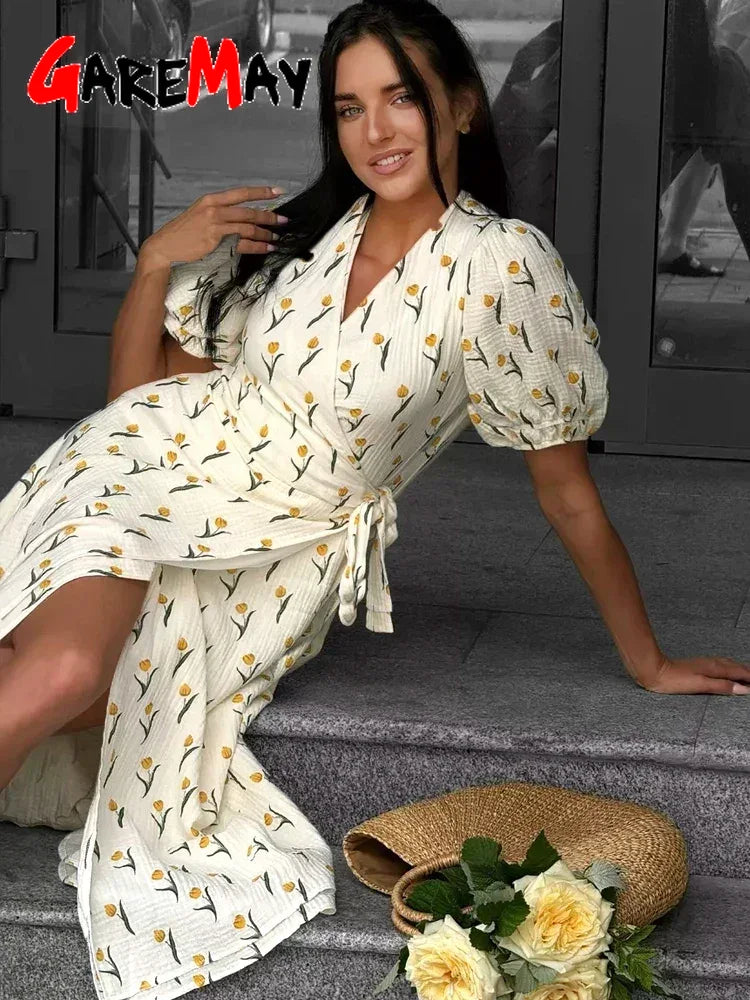 Elegant Beige A-line Midi Dress for Women, Cotton Summer Light Muslin Long Dress with Side Slits and Floral Design