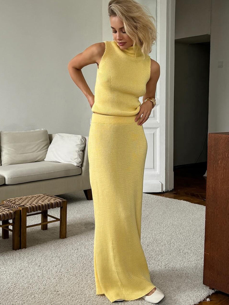 Spring Summer Elegant Yellow Knitted Suit for Women, Long Fashion Two-Piece Set with Skirt and Matching Top