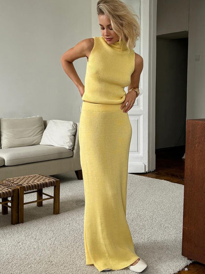 Spring Summer Elegant Yellow Knitted Suit for Women, Long Fashion Two-Piece Set with Skirt and Matching Top