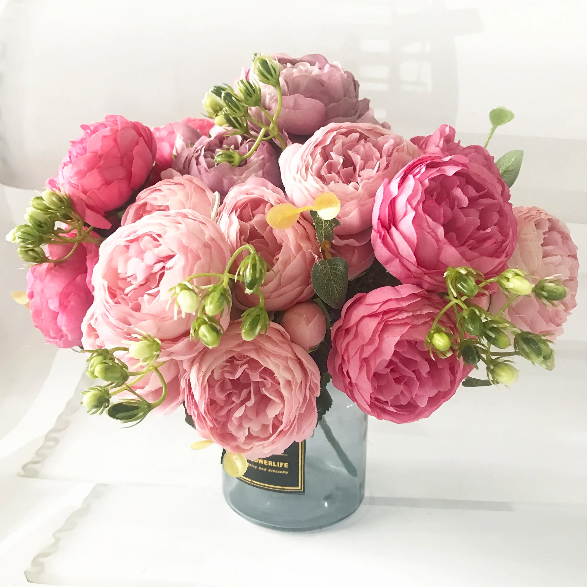 Artificial Peony Flower Bouquet Rose Pink Silk with 5 Large Heads & 4 Buds, Realistic Fake Flowers for Home Decor