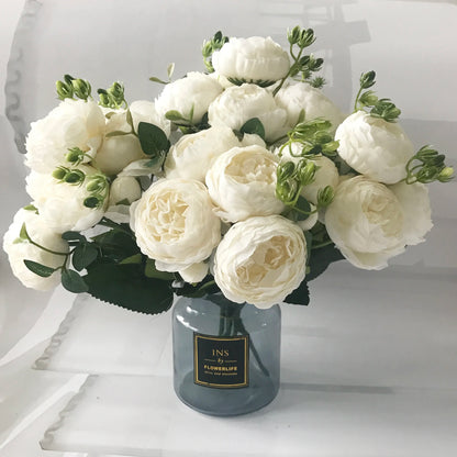 Artificial Peony Flower Bouquet Rose Pink Silk with 5 Large Heads & 4 Buds, Realistic Fake Flowers for Home Decor