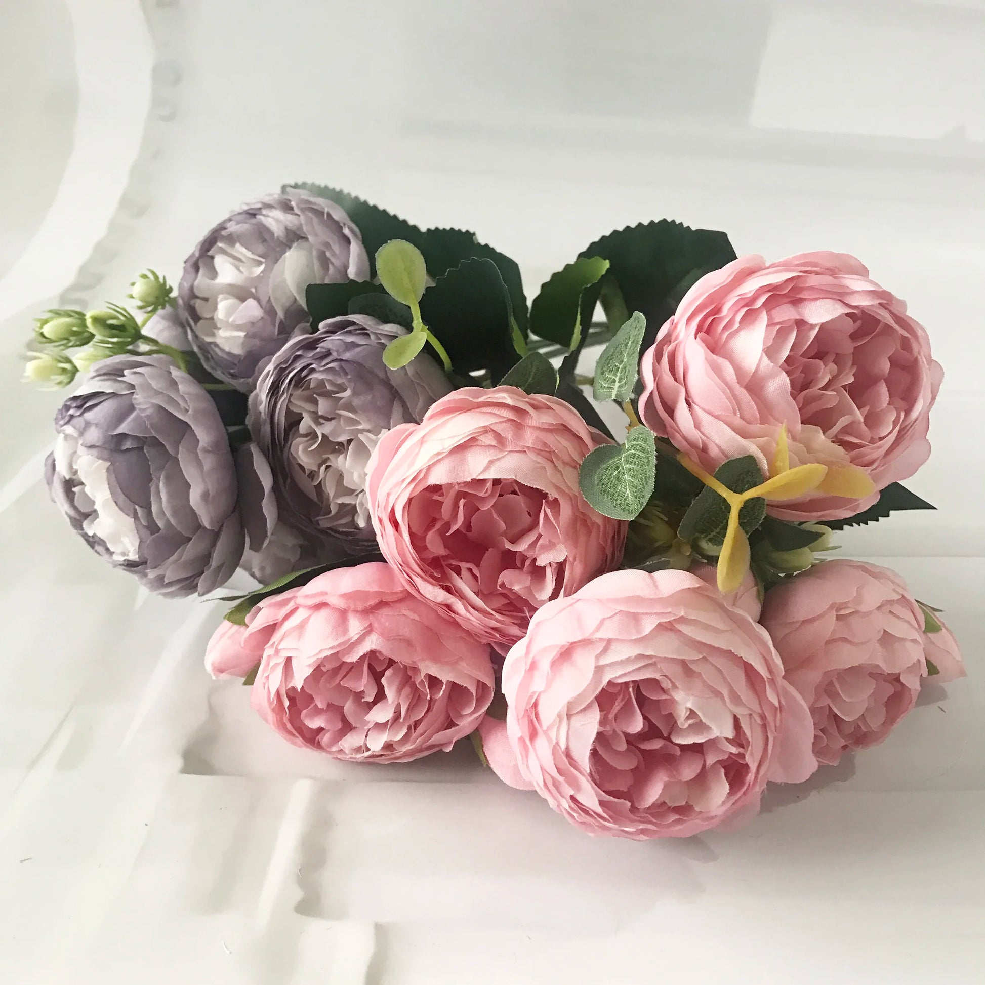 Artificial Peony Flower Bouquet Rose Pink Silk with 5 Large Heads & 4 Buds, Realistic Fake Flowers for Home Decor
