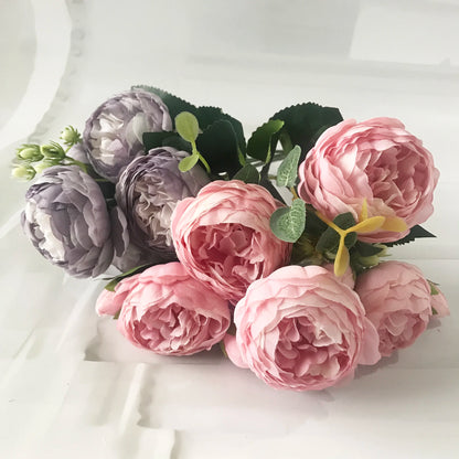 Artificial Peony Flower Bouquet Rose Pink Silk with 5 Large Heads & 4 Buds, Realistic Fake Flowers for Home Decor