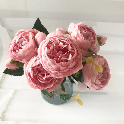 Artificial Peony Flower Bouquet Rose Pink Silk with 5 Large Heads & 4 Buds, Realistic Fake Flowers for Home Decor