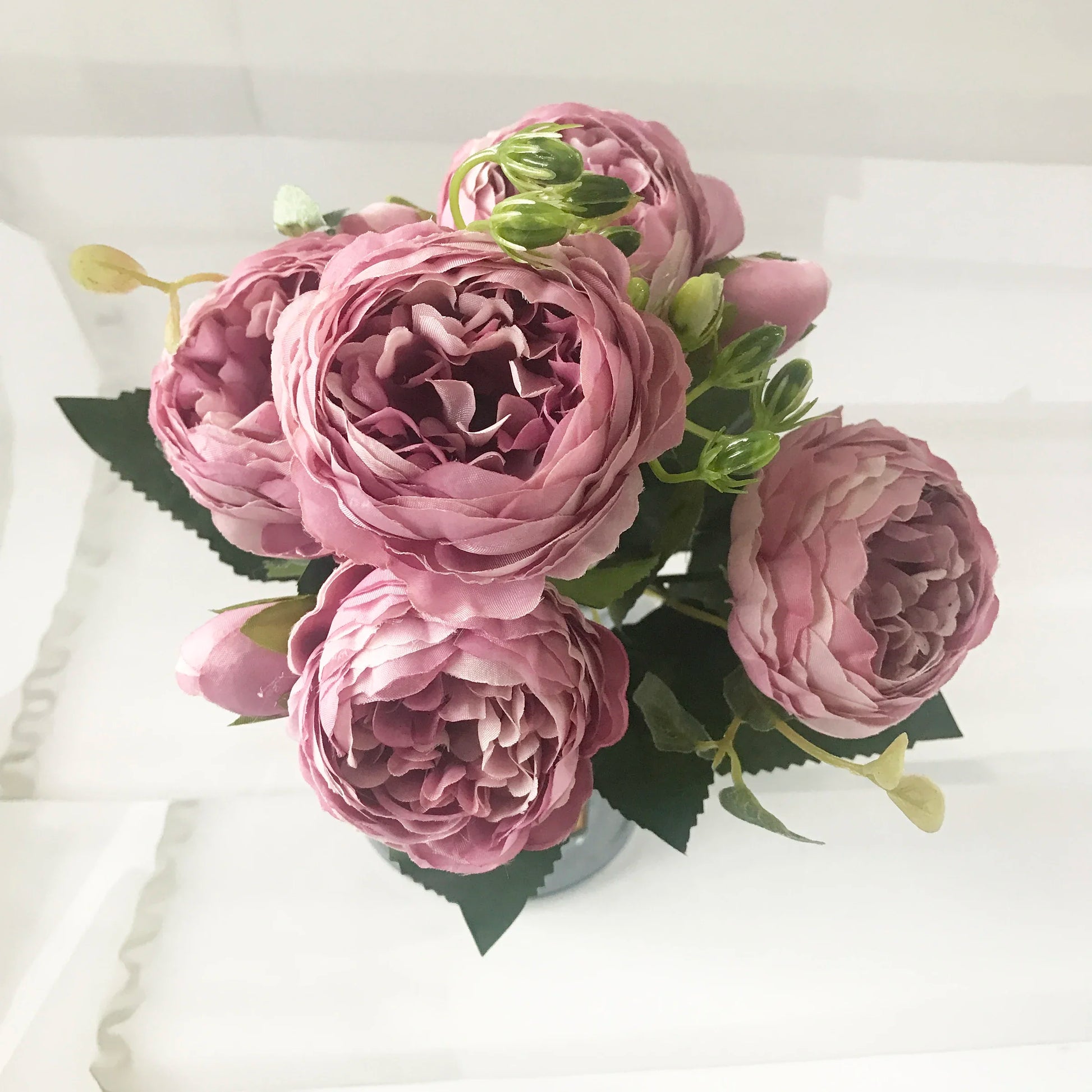 Artificial Peony Flower Bouquet Rose Pink Silk with 5 Large Heads & 4 Buds, Realistic Fake Flowers for Home Decor