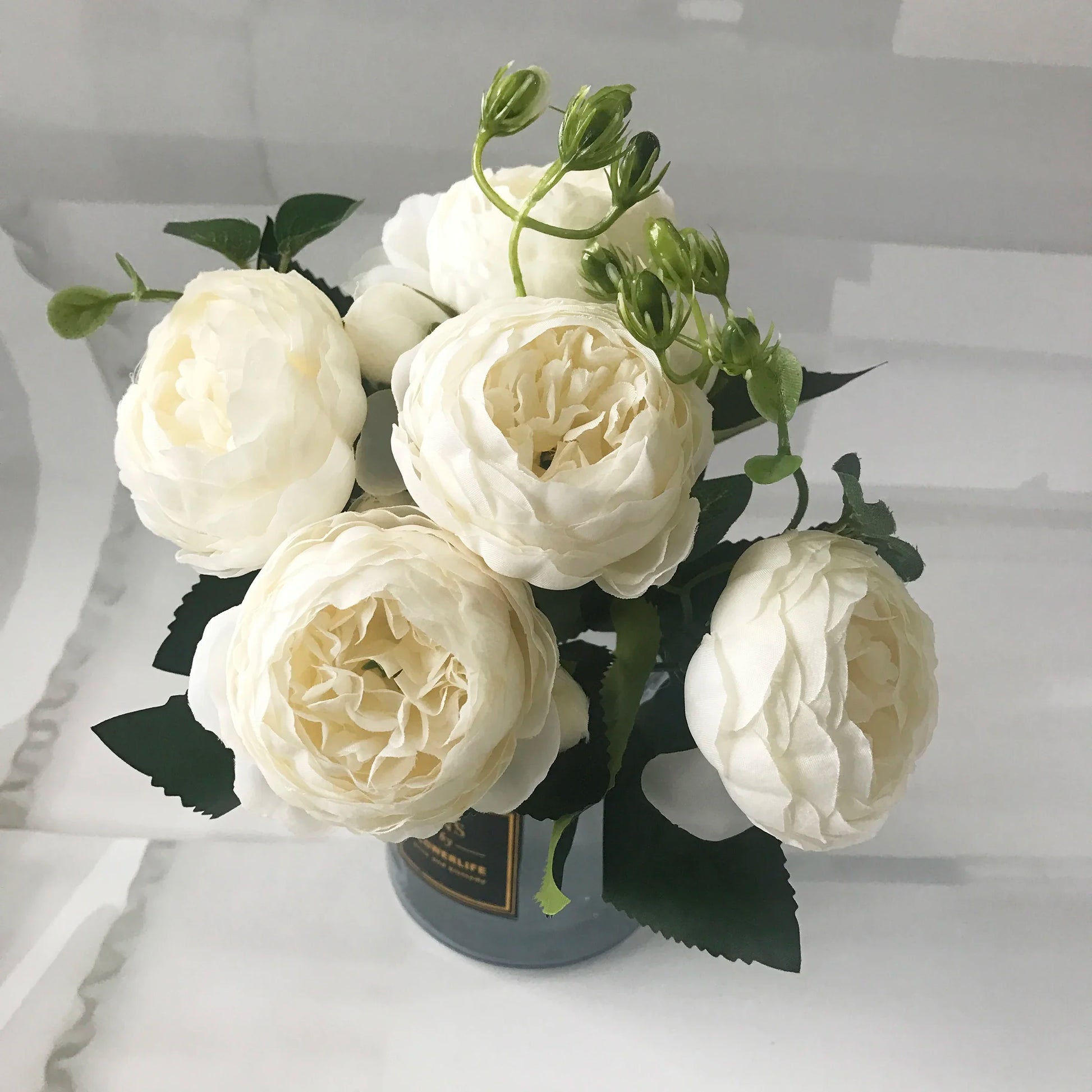 Artificial Peony Flower Bouquet Rose Pink Silk with 5 Large Heads & 4 Buds, Realistic Fake Flowers for Home Decor