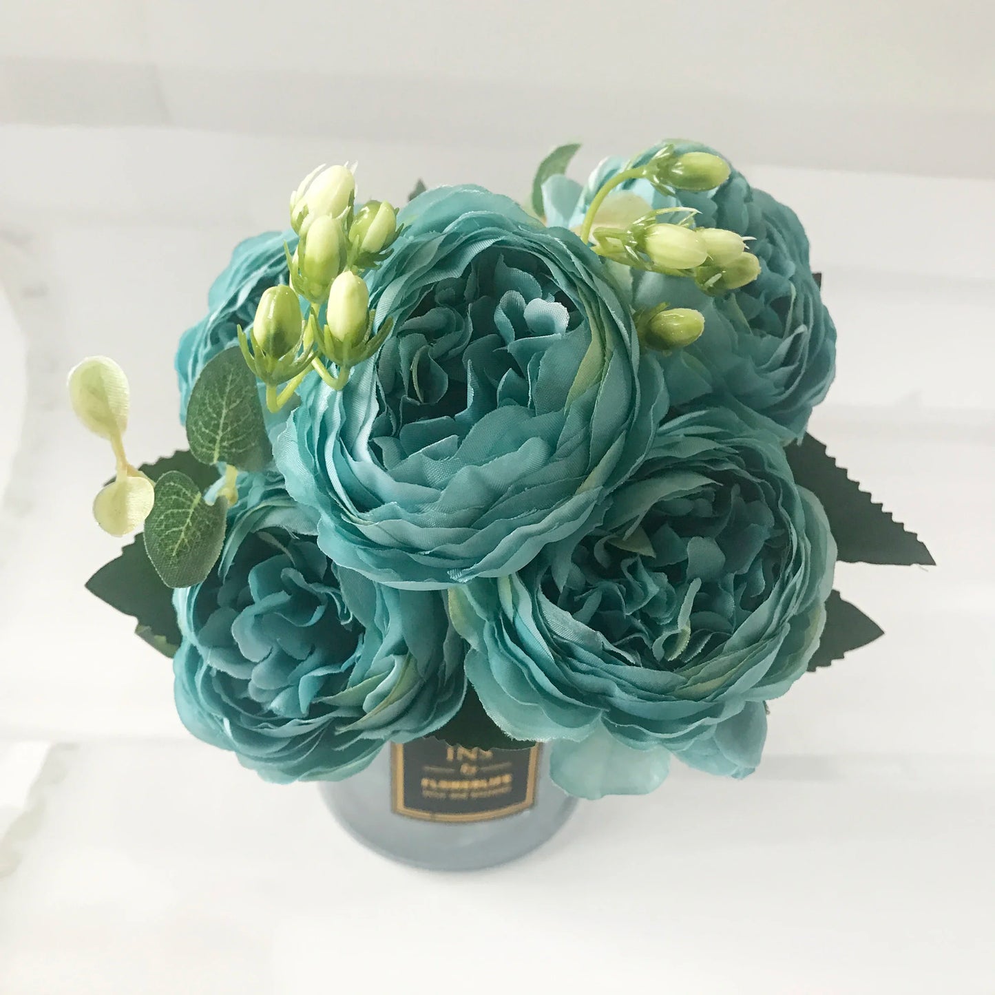 Artificial Peony Flower Bouquet Rose Pink Silk with 5 Large Heads & 4 Buds, Realistic Fake Flowers for Home Decor