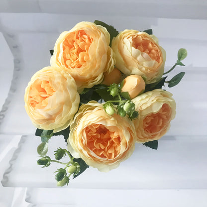 Artificial Peony Flower Bouquet Rose Pink Silk with 5 Large Heads & 4 Buds, Realistic Fake Flowers for Home Decor