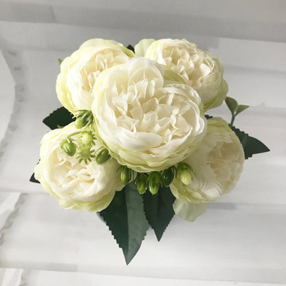 Artificial Peony Flower Bouquet Rose Pink Silk with 5 Large Heads & 4 Buds, Realistic Fake Flowers for Home Decor