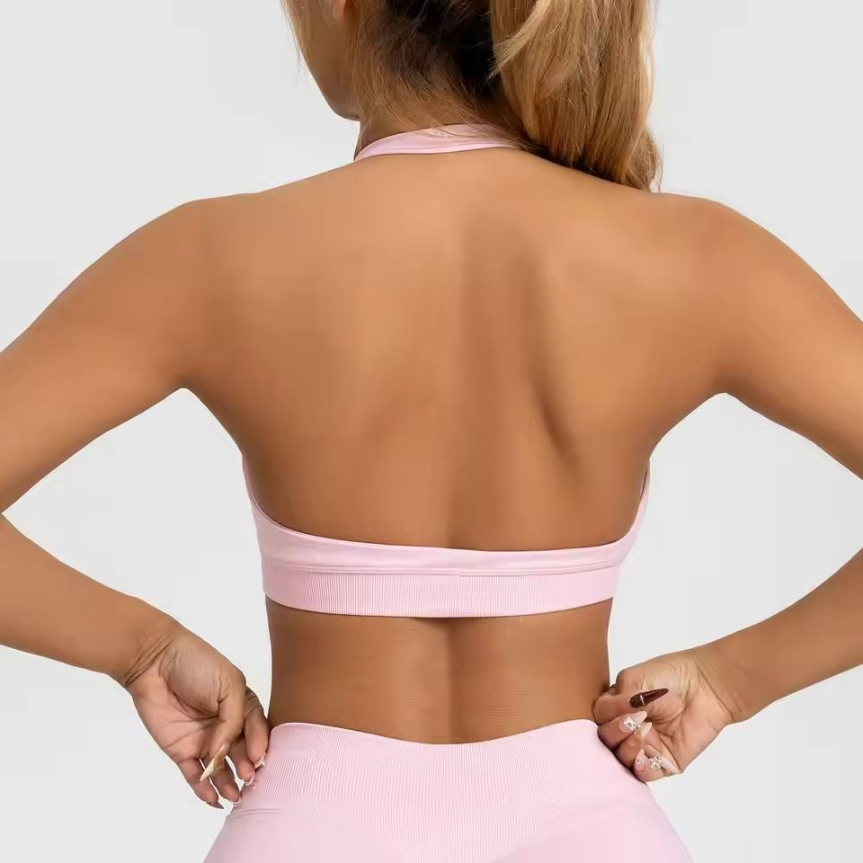 Seamless Push Up Sports Bra Halter Top Open Back High Support Yoga Bra 3