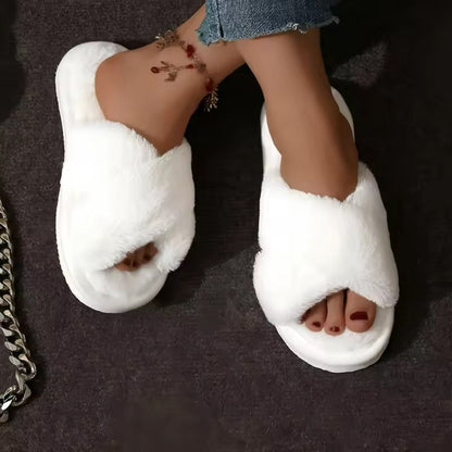 Cross Strap Faux Fur Slippers Women Warm Indoor Plush Slides