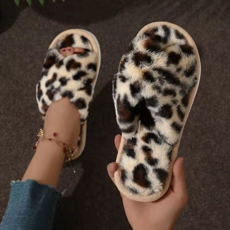 Cross Strap Faux Fur Slippers Women Warm Indoor Plush Slides 9