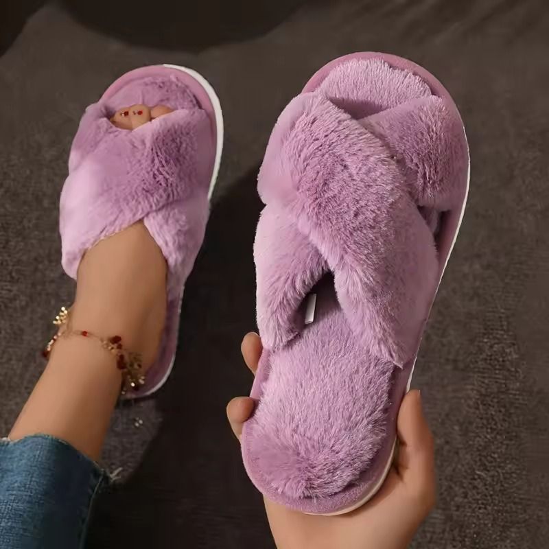 Cross Strap Faux Fur Slippers Women Warm Indoor Plush Slides 11