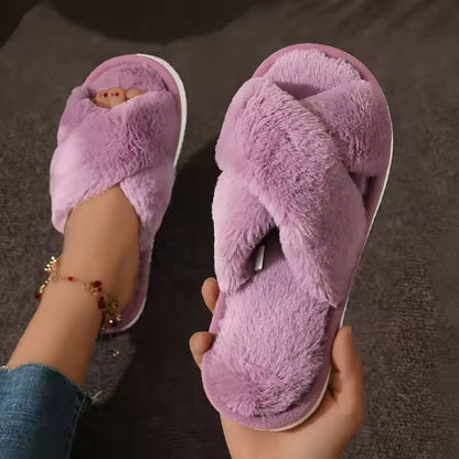 Cross Strap Faux Fur Slippers Women Warm Indoor Plush Slides 11