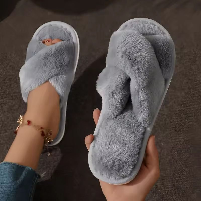 Cross Strap Faux Fur Slippers Women Warm Indoor Plush Slides 1