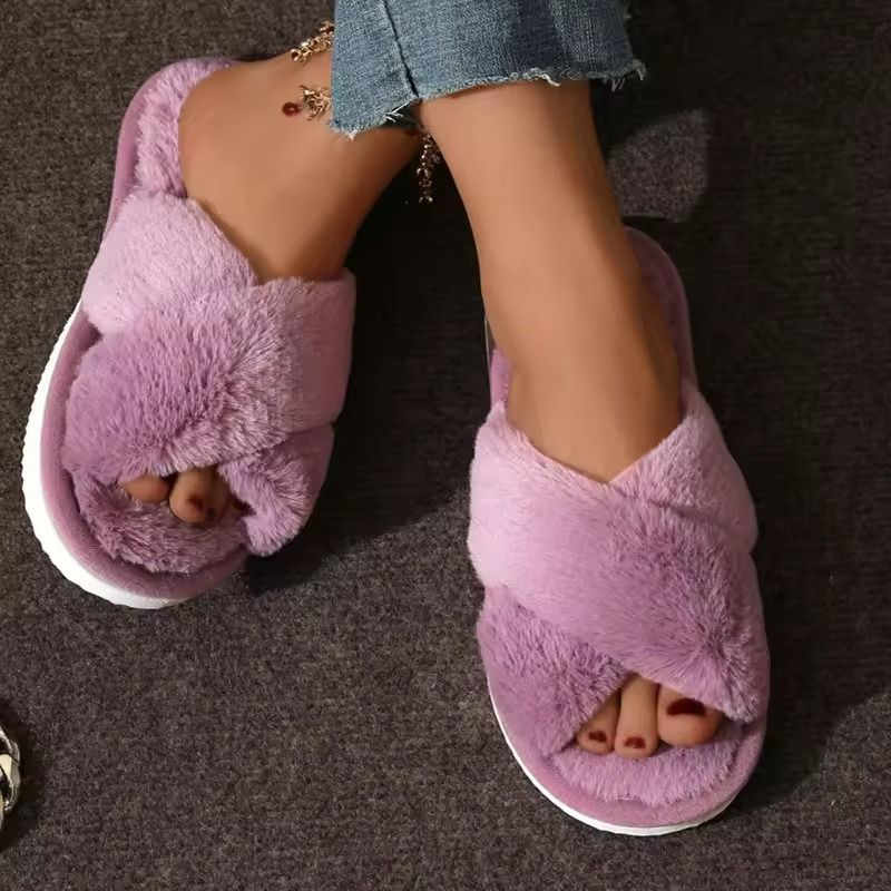 Cross Strap Faux Fur Slippers Women Warm Indoor Plush Slides 5