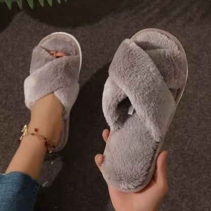 Cross Strap Faux Fur Slippers Women Warm Indoor Plush Slides 7
