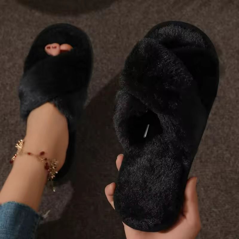 Cross Strap Faux Fur Slippers Women Warm Indoor Plush Slides 8