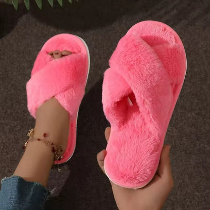 Cross Strap Faux Fur Slippers Women Warm Indoor Plush Slides 13
