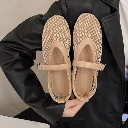 Cut Out Mary Jane Flats Women Round Toe Breathable Fishnet Summer Shoes