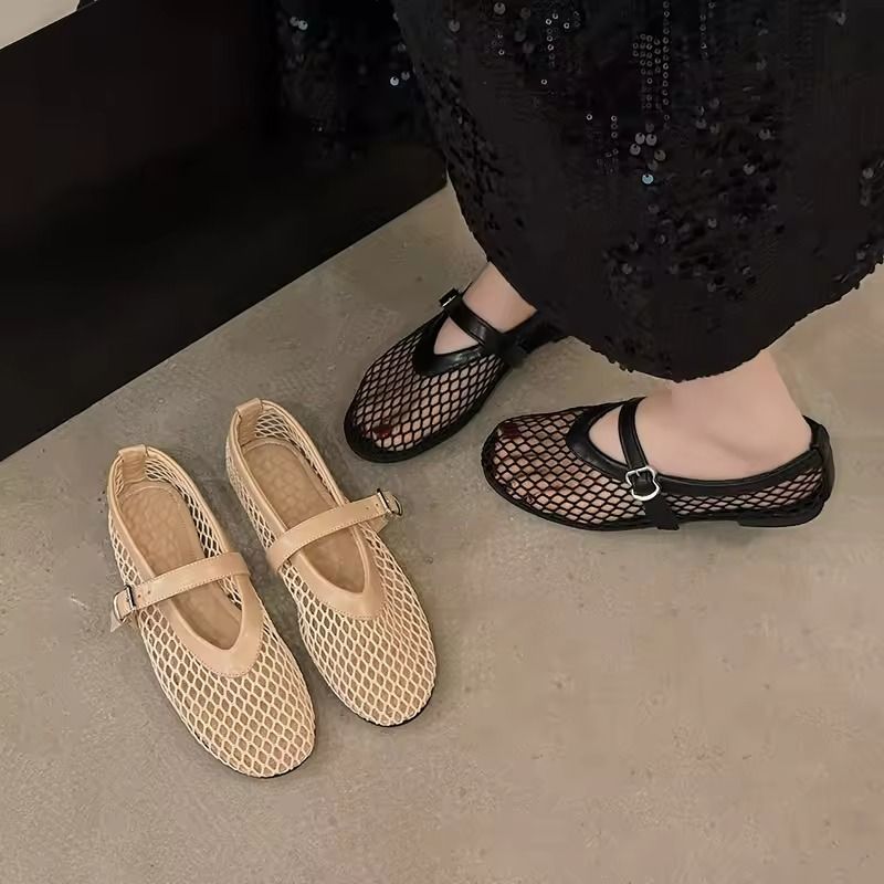 Cut Out Mary Jane Flats Women Round Toe Breathable Fishnet Summer Shoes 1