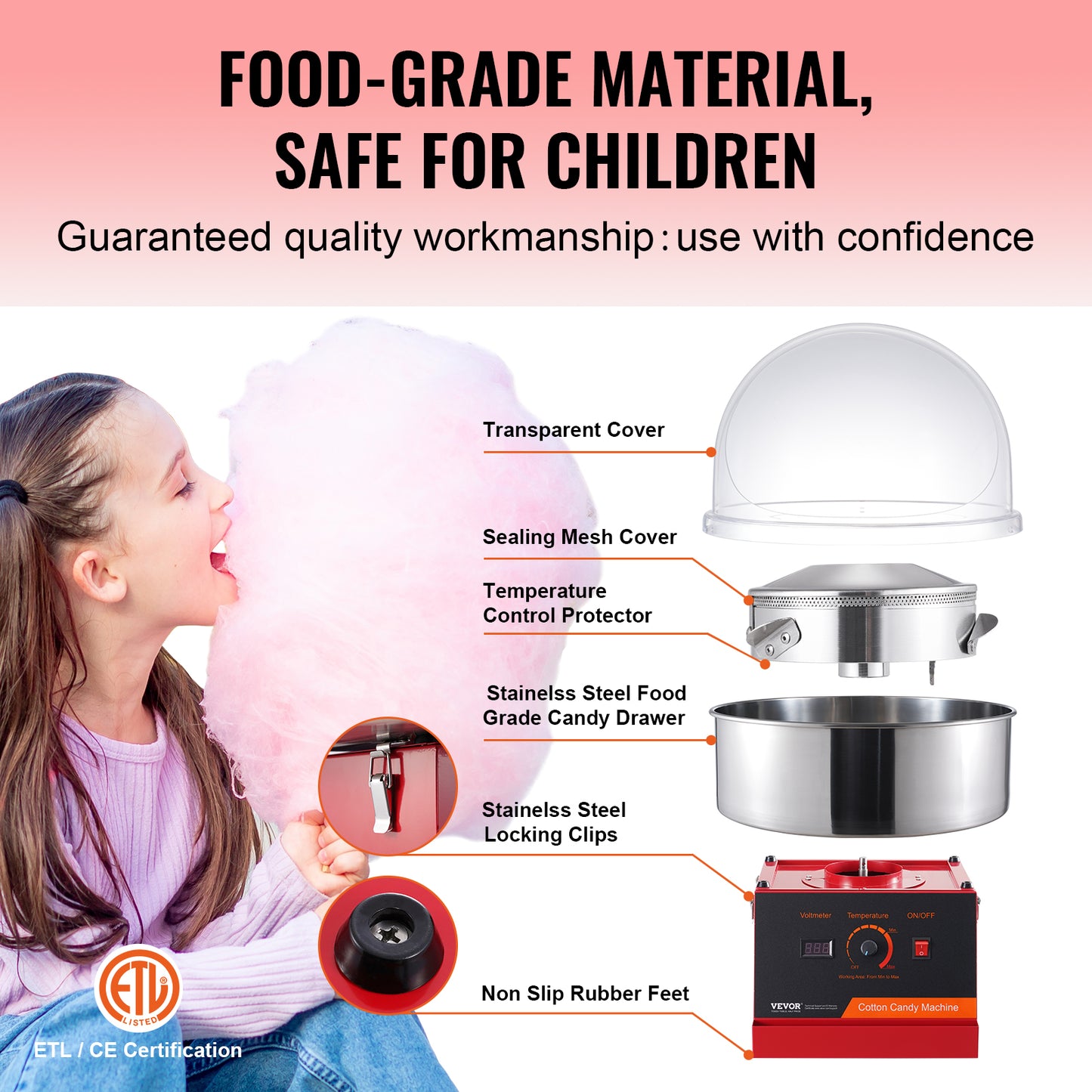 Heavy-Duty Electric Cotton Candy Machine Candy Floss Maker, Commercial Cotton Candy Machine, Stainless Steel Bowl Scoop