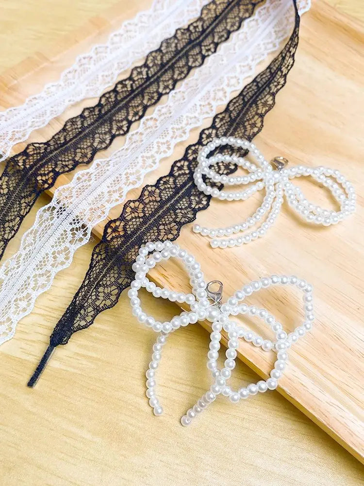 Wide Fancy Lace Shoelaces for Women Sneakers, Flat Decorative Shoe Laces for Casual Shoes, White & Black Footwear