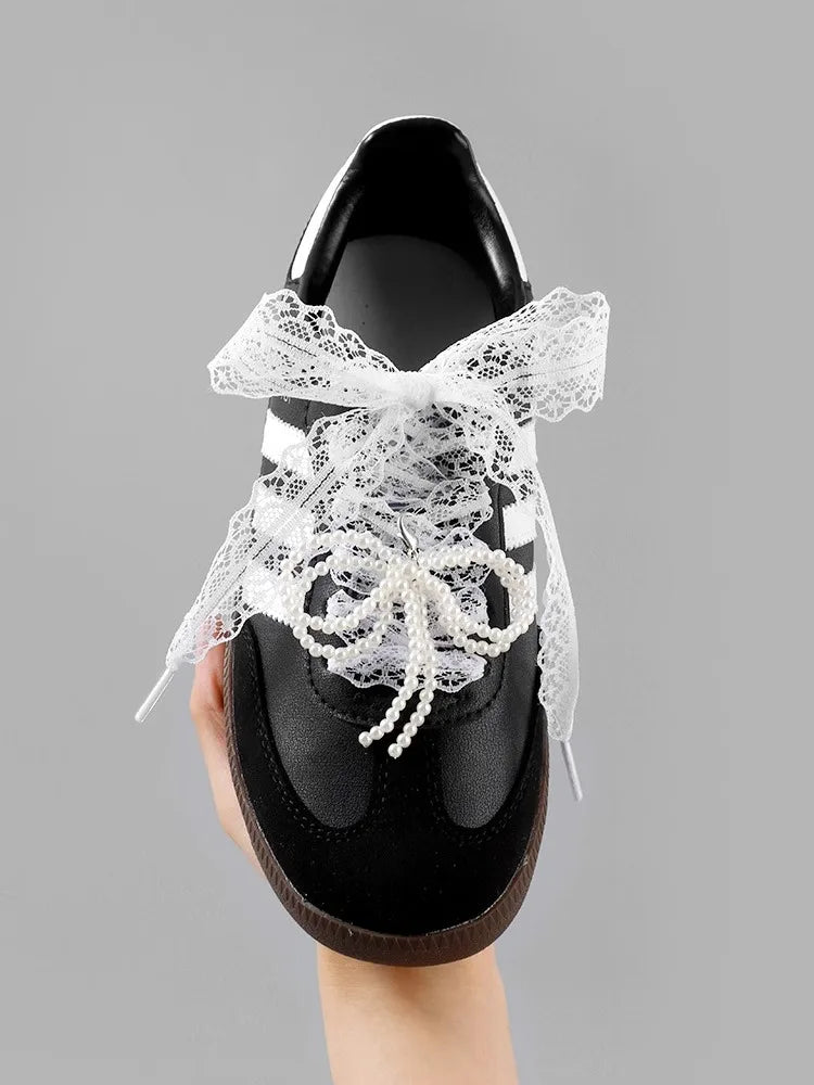 Wide Fancy Lace Shoelaces for Women Sneakers, Flat Decorative Shoe Laces for Casual Shoes, White & Black Footwear