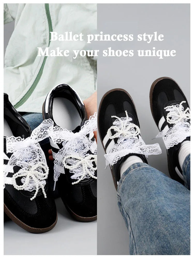 Wide Fancy Lace Shoelaces for Women Sneakers, Flat Decorative Shoe Laces for Casual Shoes, White & Black Footwear