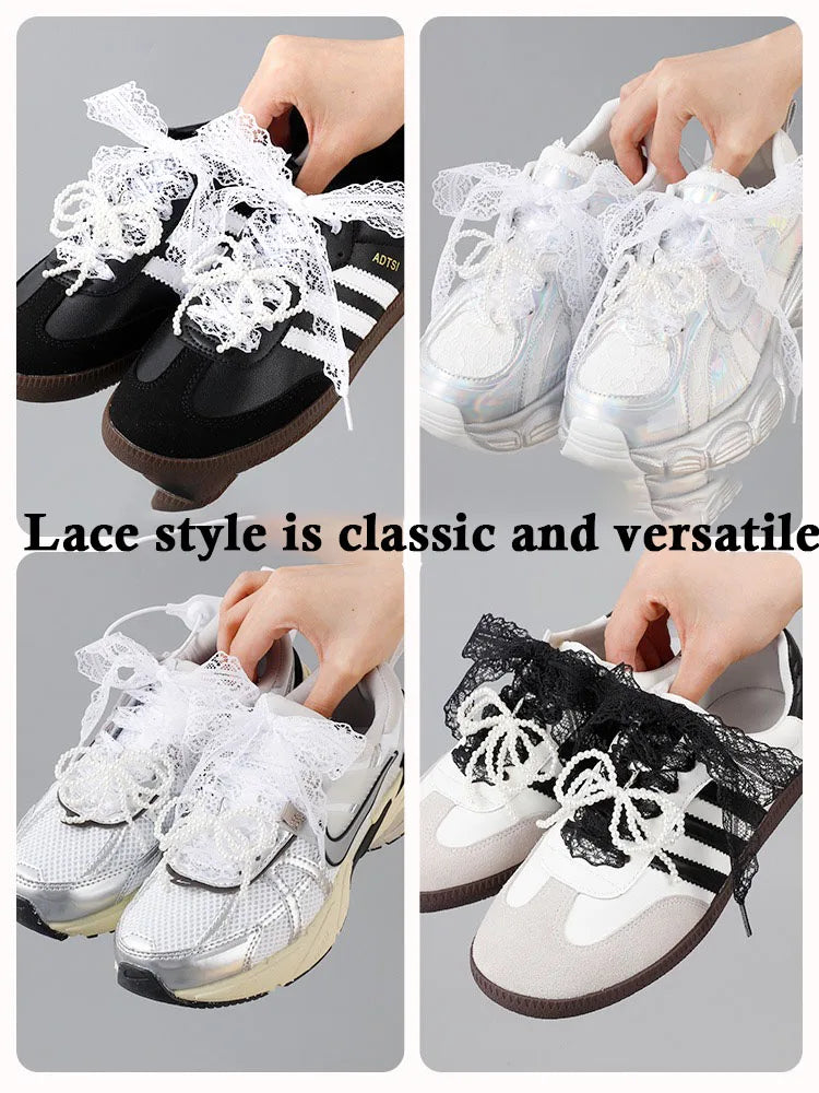 Wide Fancy Lace Shoelaces for Women Sneakers, Flat Decorative Shoe Laces for Casual Shoes, White & Black Footwear