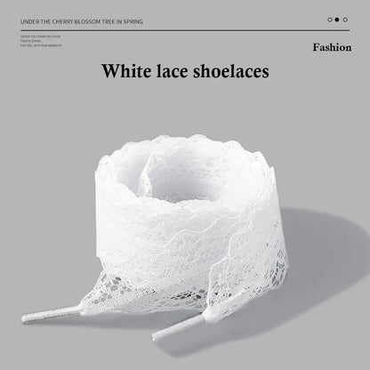 Wide Fancy Lace Shoelaces for Women Sneakers, Flat Decorative Shoe Laces for Casual Shoes, White & Black Footwear