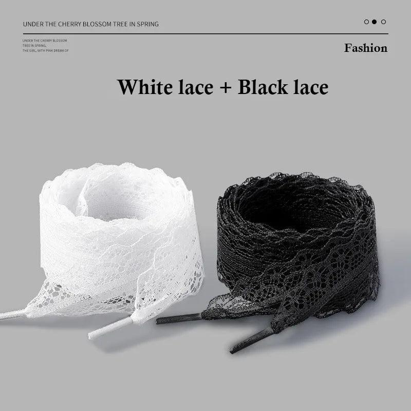 Wide Fancy Lace Shoelaces for Women Sneakers, Flat Decorative Shoe Laces for Casual Shoes, White & Black Footwear