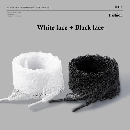 Wide Fancy Lace Shoelaces for Women Sneakers, Flat Decorative Shoe Laces for Casual Shoes, White & Black Footwear