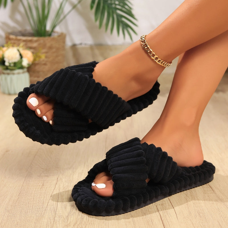 Unisex Soft Corduroy Cross Strap Home Slippers, Cozy Plush Indoor Flat Slides for Men & Women, All-Season Sandals
