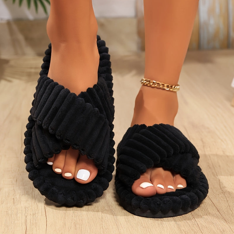 Unisex Soft Corduroy Cross Strap Home Slippers, Cozy Plush Indoor Flat Slides for Men & Women, All-Season Sandals