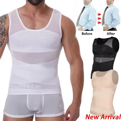 Mens Slimming Compression Undershirt Tank Top with Mesh Shapewear Support
