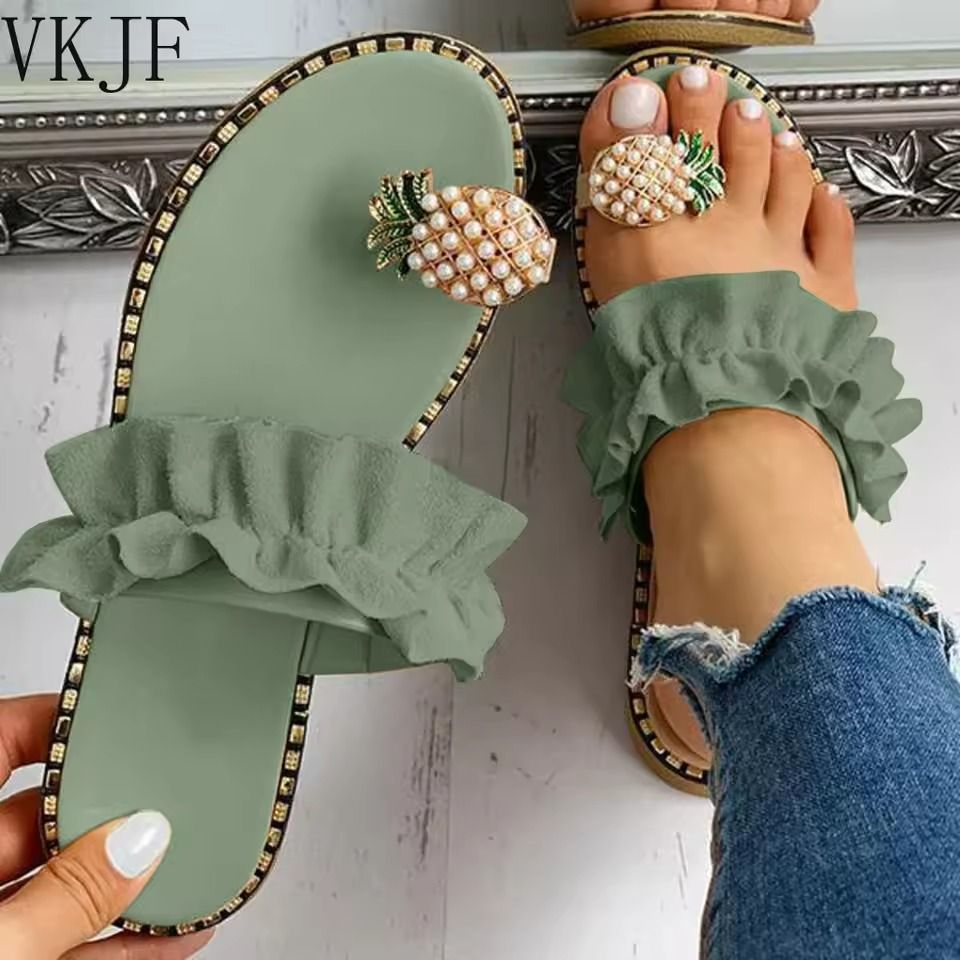 Bohemian Pineapple Pearl Flat Sandals for Women with Summer Slip On Design
