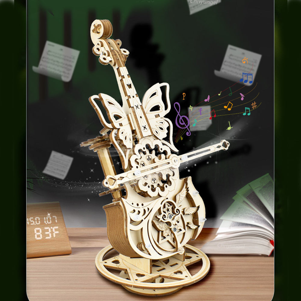 3D Puzzle Wooden Cello Model DIY Assembly Music Box with Dancing Butterflies, Home Living Room Decor & Gift for Adults