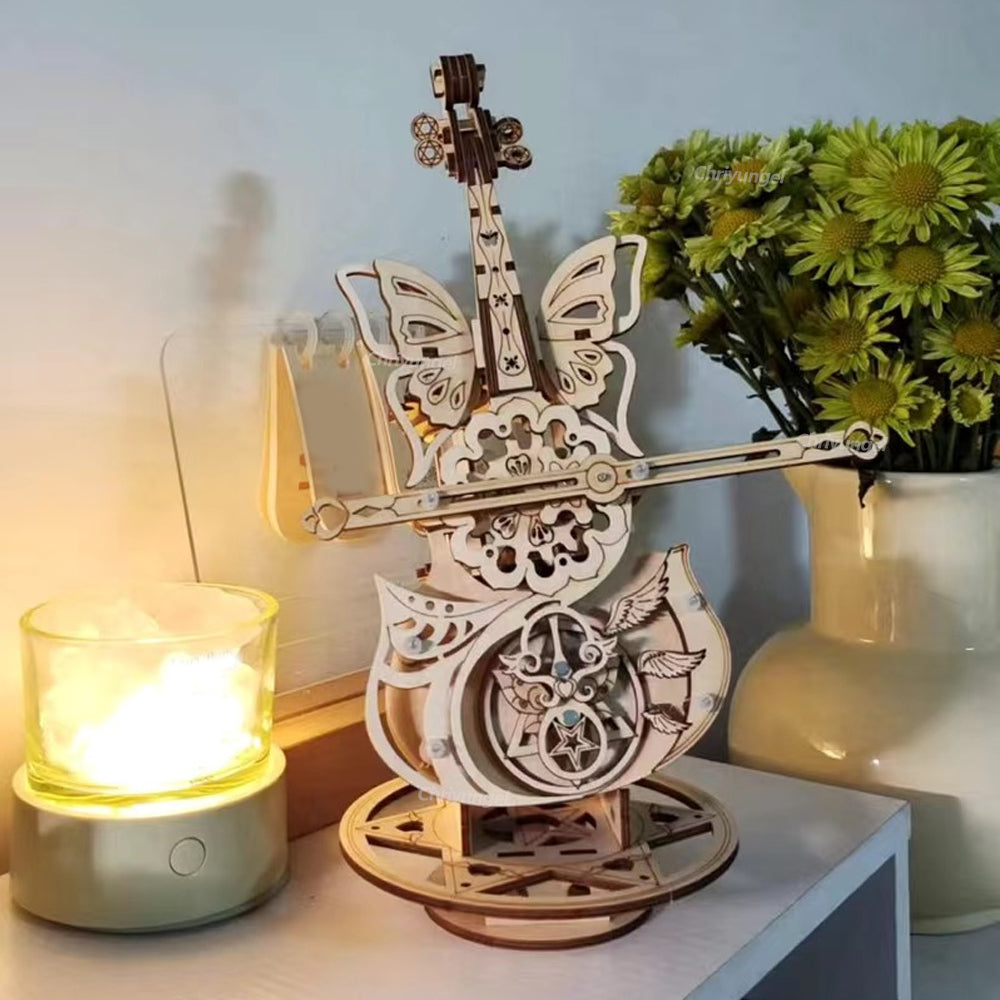 3D Puzzle Wooden Cello Model DIY Assembly Music Box With Dancing Butterflies Home Living Room Decor 1