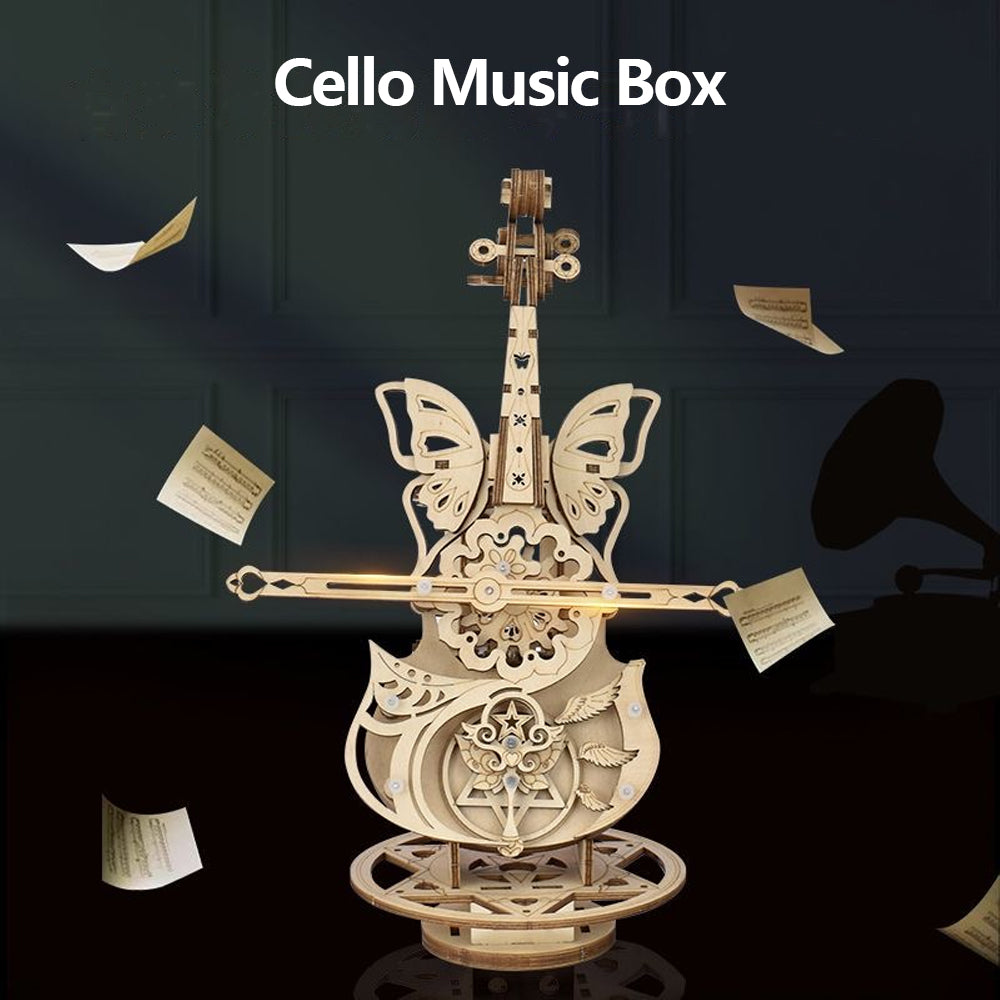3D Puzzle Wooden Cello Model DIY Assembly Music Box With Dancing Butterflies Home Living Room Decor 2
